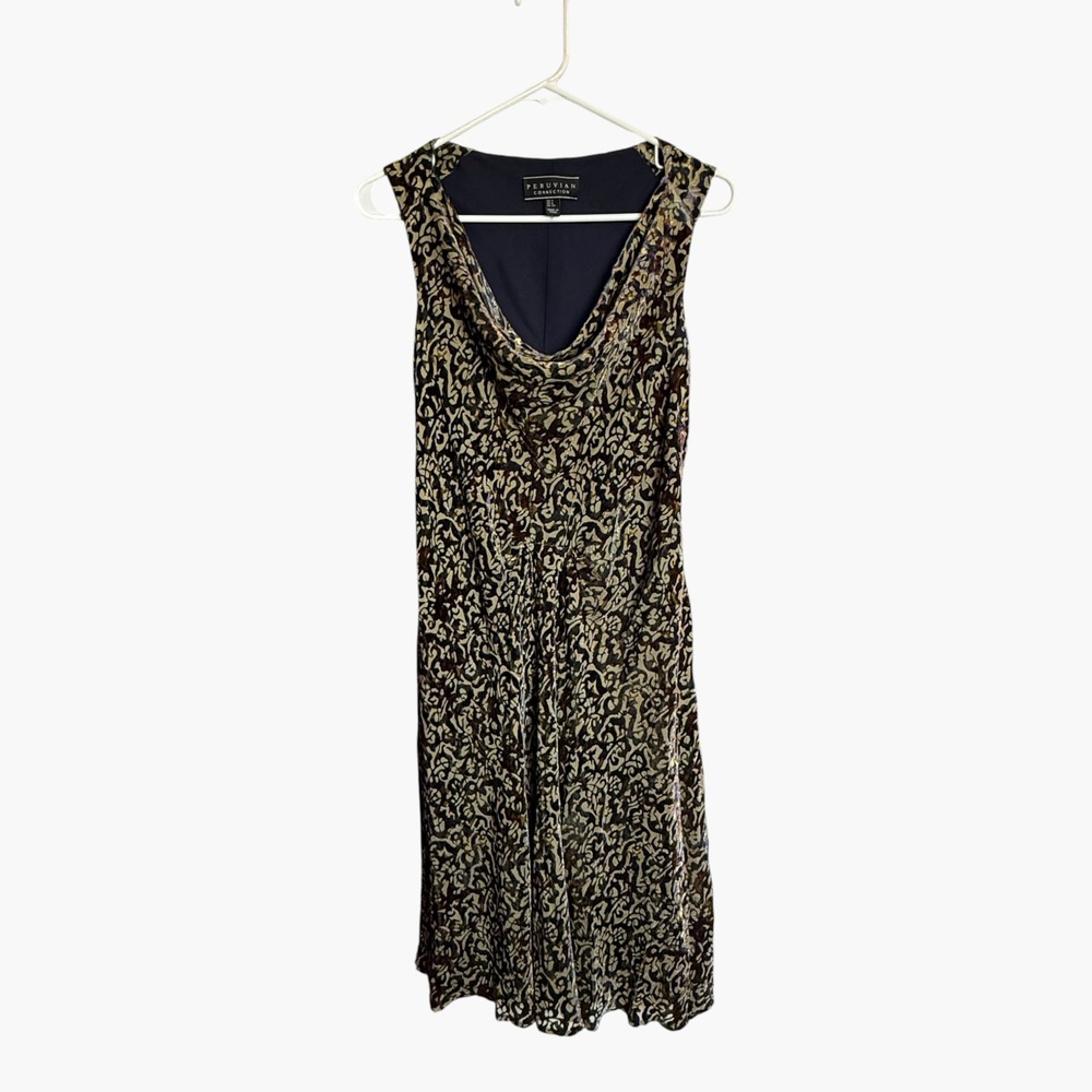 Peruvian Connection Size 4 Velvet Burnout Cowl Neck Midi Dress Gold Navy Floral
